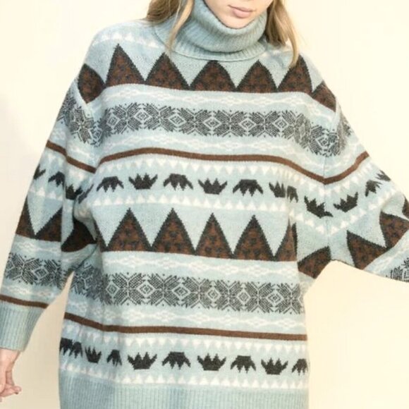 WOMEN'S TURTLE NECK MULTI PRINT SWEATER Blue - Picture 1 of 5